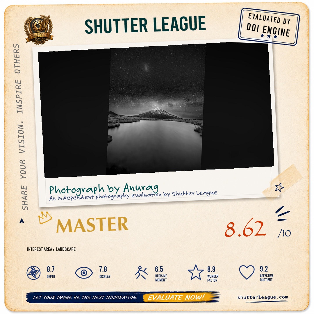 Shutter League evaluation card — Mount Taranaki under the stars