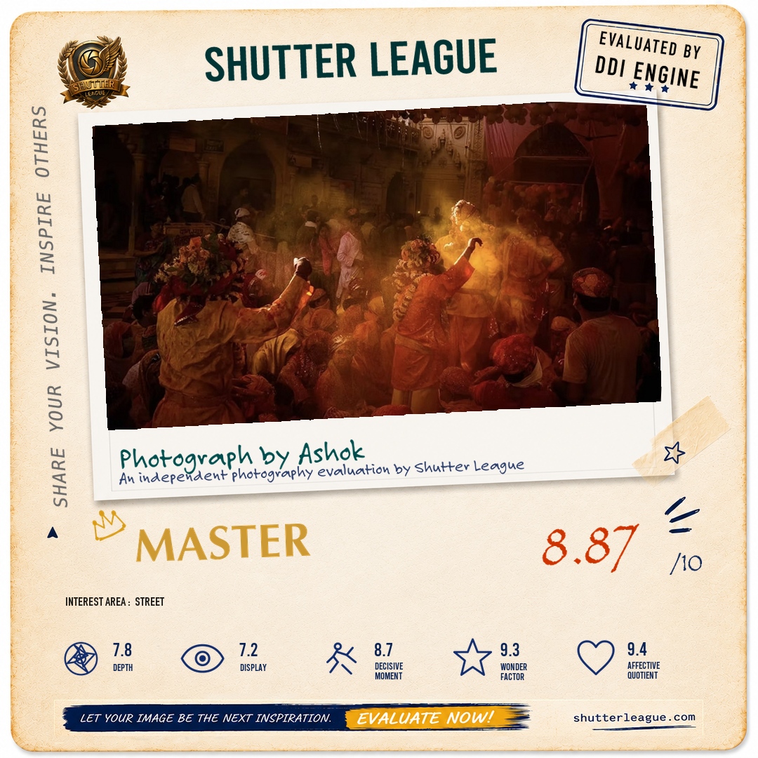 Shutter League evaluation card — Holi vibrancy