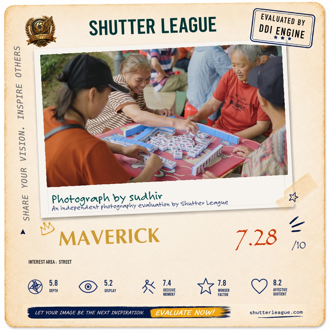 Shutter League evaluation card — seniors playing mahjong