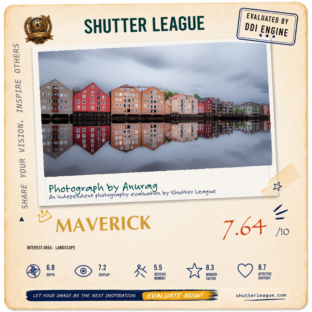 Shutter League evaluation card — Reflection in Nidelva River, Norway