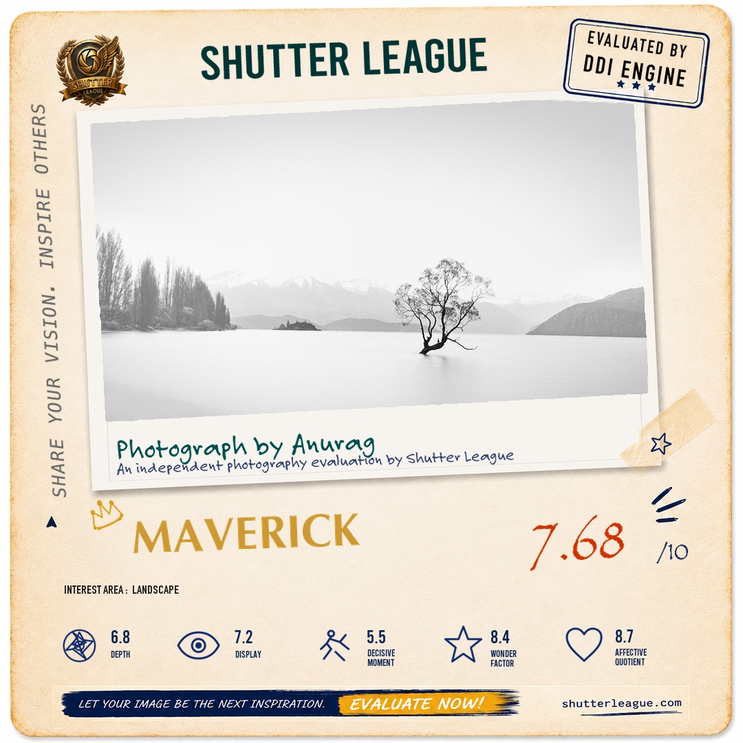 Shutter League evaluation card — Lone tree, Lake Wanaka, New Zealand