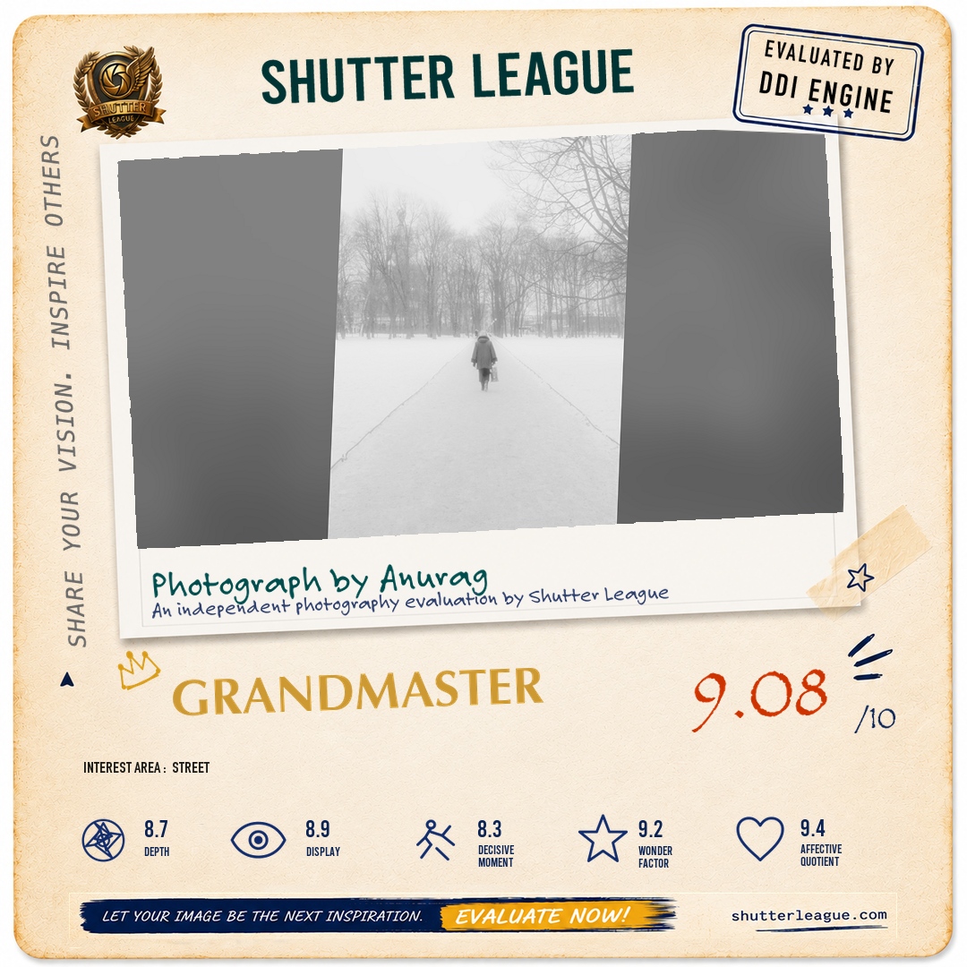 Shutter League evaluation card — A woman walking in a Russian snowy winter